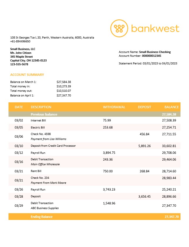 Modèle Word et PDF de relevé bancaire professionnel de Bankwest